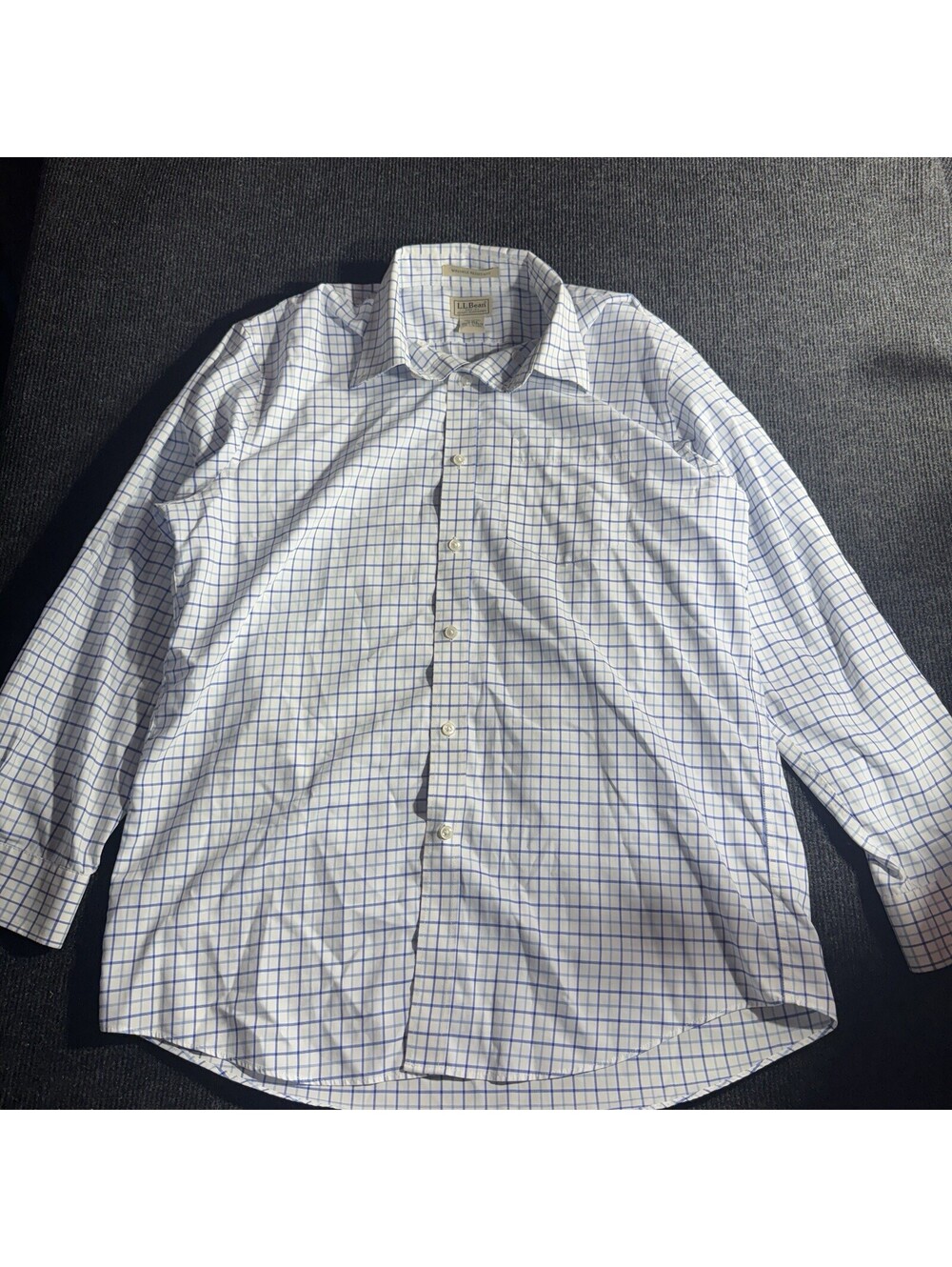 LL Bean Shirt Mens Size Medium Blue and White Plaid Classic Wrinkle Resistant